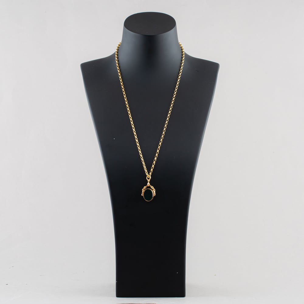 Pre-Owned Vintage 9ct Yellow Gold Carnelian & Bloodstone Oval Swivel Pendant & 22 Inch Belcher Chain 41143678