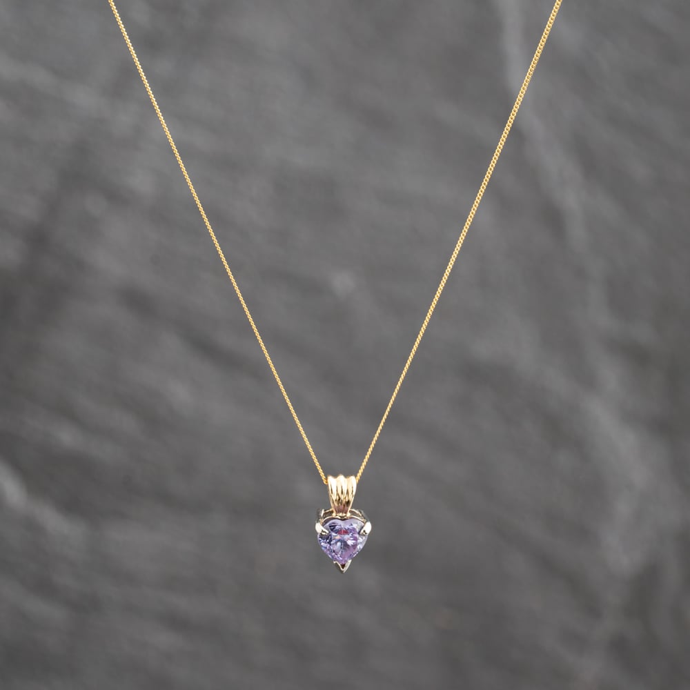 Pre-Owned Two Colour Gold Iolite Heart Pendant &amp; 18 Inch Curb Chain 41143694