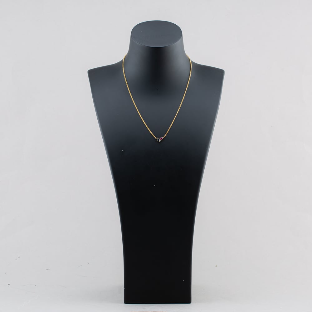 Pre-Owned 9ct Two Colour Gold Ruby, Sapphire & Cubic Zirconia Three Stone Pendant & 17 Inch Curb Chain 41143709