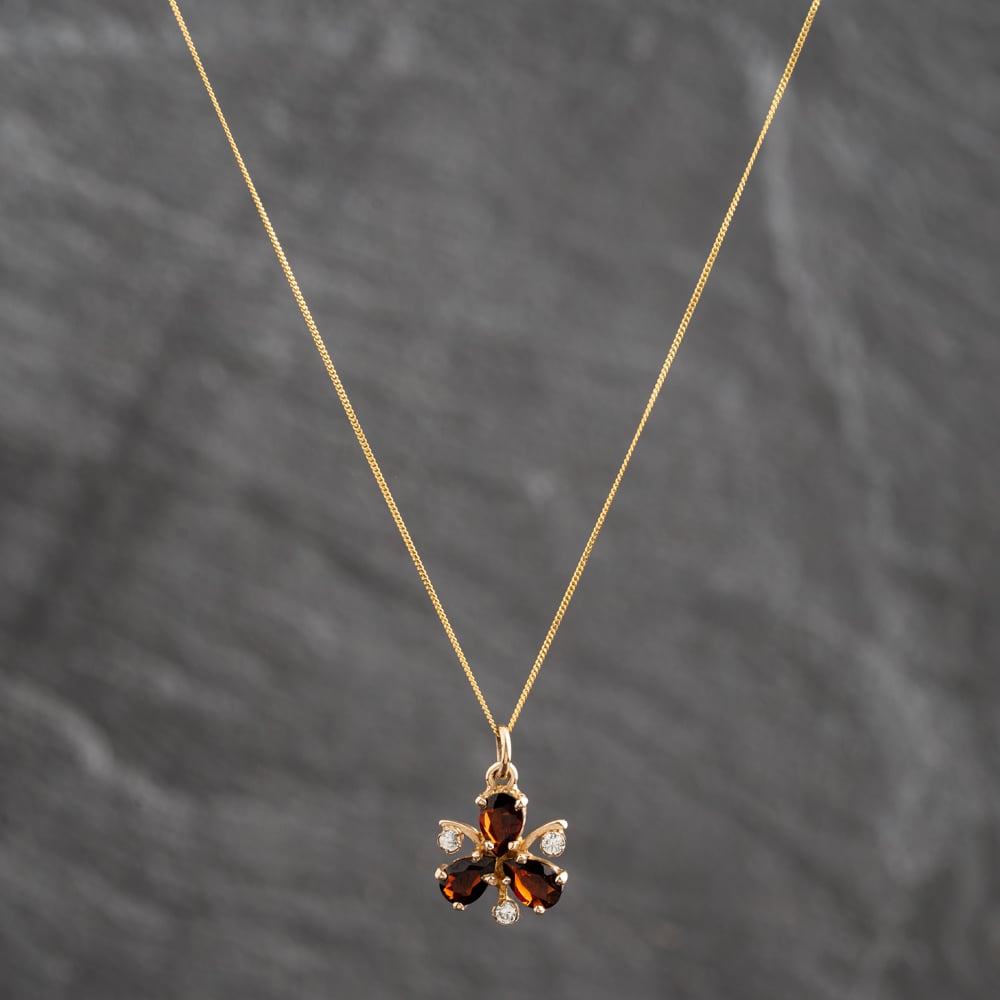 Pre-Owned 9ct Yellow Gold Garnet &amp; Cubic Zirconia Fancy Pendant &amp; 18 Inch Curb Chain 41143713