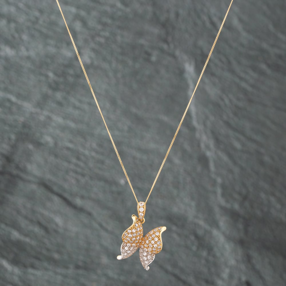 Product photograph of Pre-owned 9ct Two Colour Gold Cubic Zirconia Butterfly Pendant Amp 18 Inch Curb Chain 41172203 from The Jewel Hut