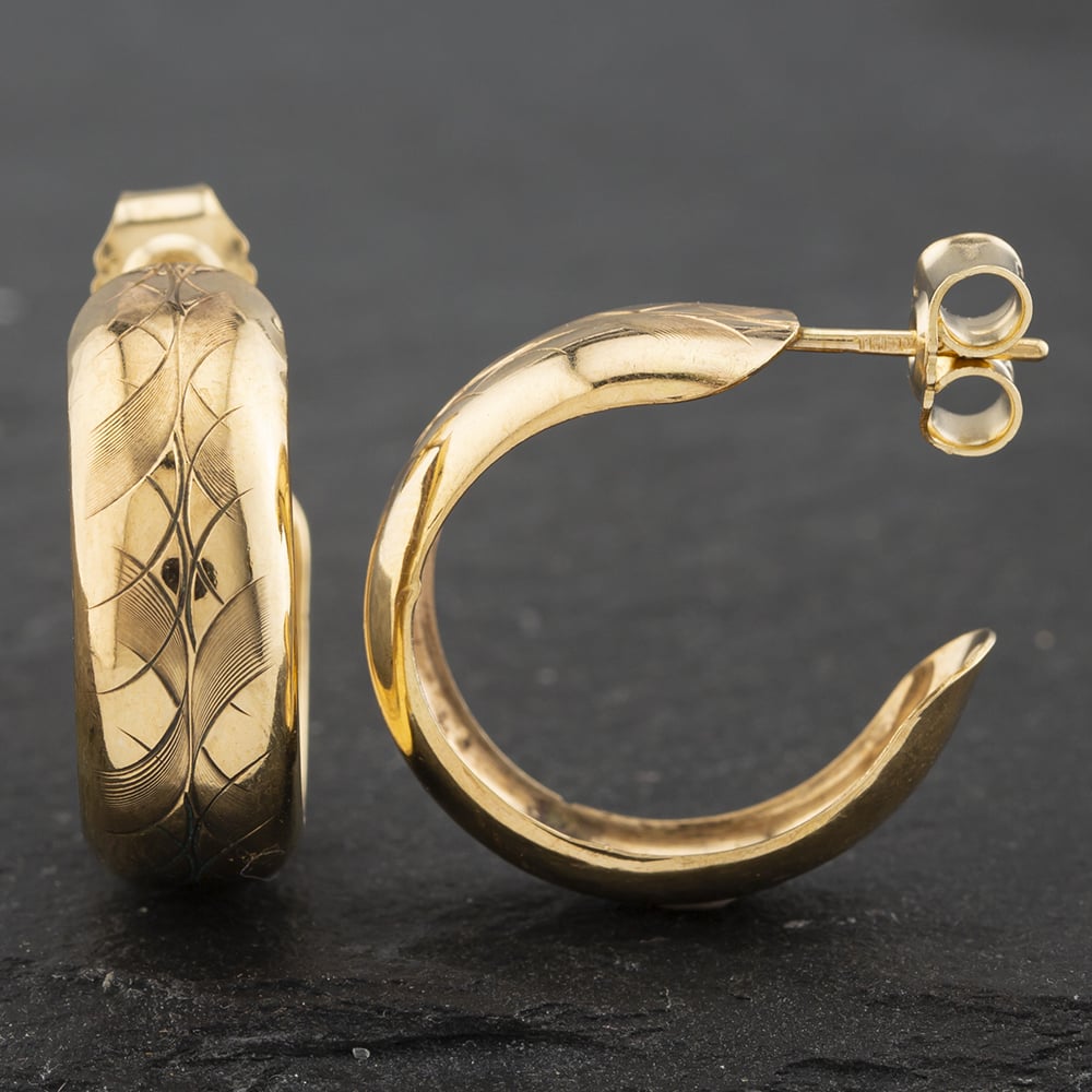 Product photograph of Pre-owned 9ct Yellow Gold Half Engraved Hoop Earrings 41172359 from The Jewel Hut