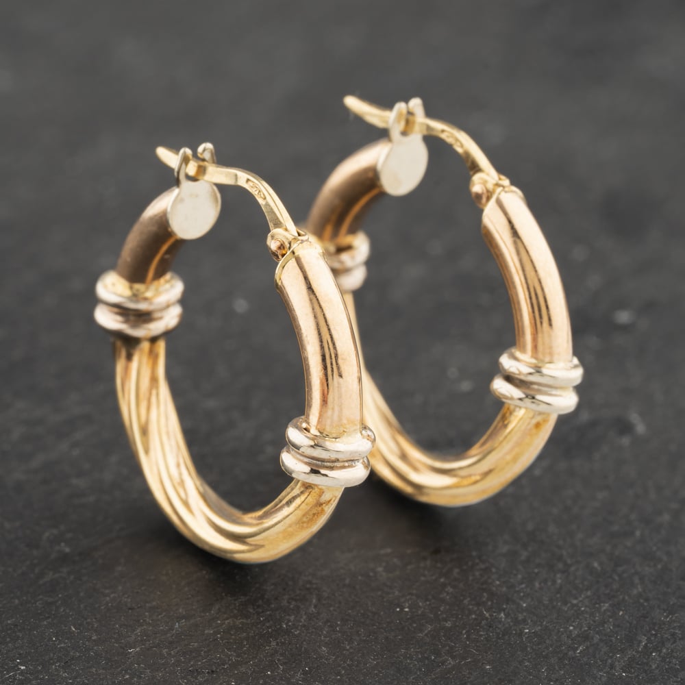 Pre-Owned 9ct Two Colour Gold 20mm Plain And Twist Patterned Hoop Earrings 41173041