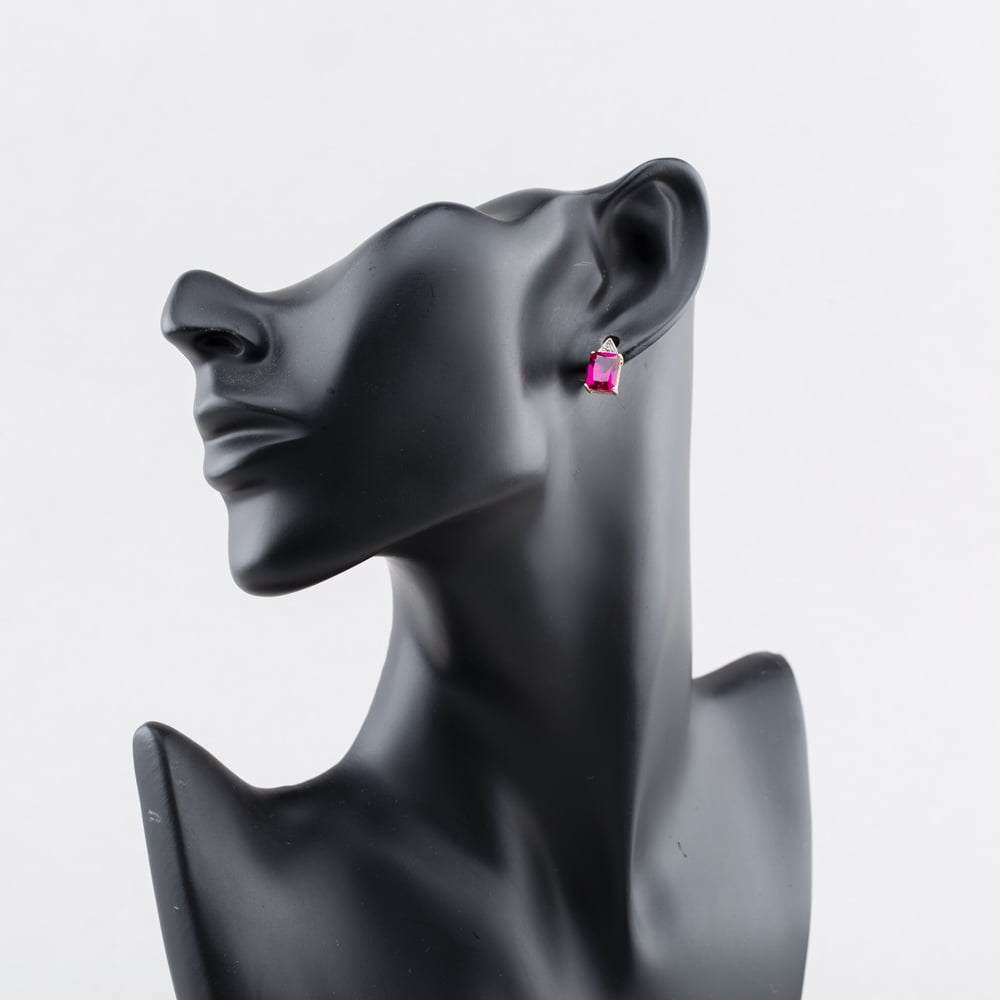 Pre-Owned 9ct Yellow Gold Ruby Synthetic Stone & 0.01ct Diamond Triangular Topped Oblong 13mm Dropper Earrings 41173156