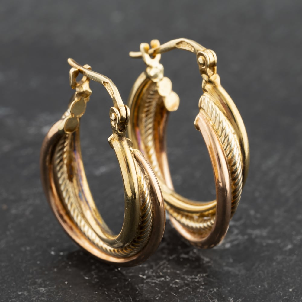 Click to view product details and reviews for Pre Owned 9ct Three Colour Gold 227mm Crossover Creole Earrings 41173451.