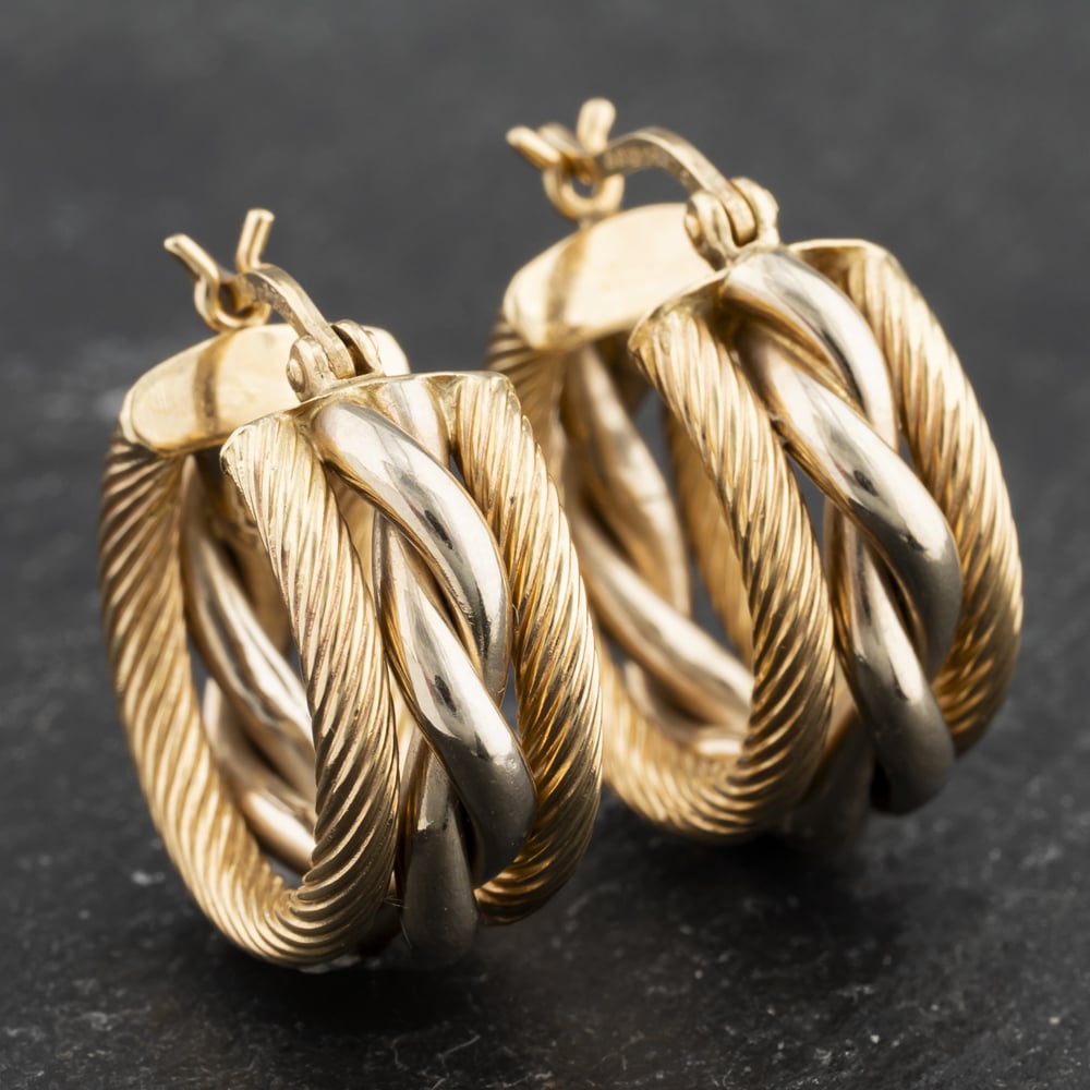 Click to view product details and reviews for Pre Owned 9ct Two Colour Gold 195mm Entwined And Twist Design Hoop Earrings 41173453.