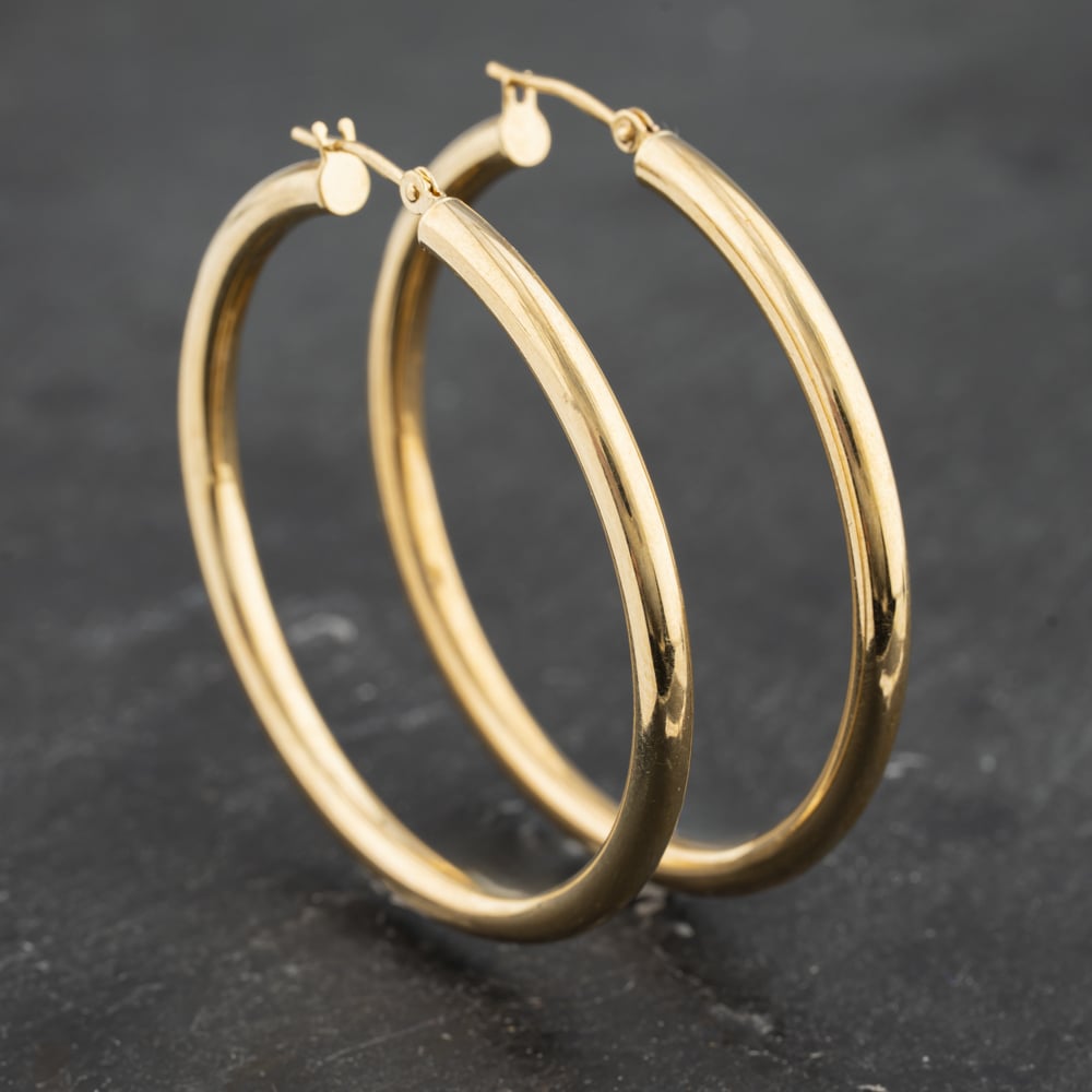 Click to view product details and reviews for Pre Owned 9ct Yellow Gold 4mm Large Plain Hoop Earrings 41173465.