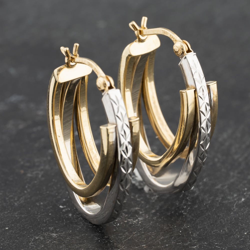 Click to view product details and reviews for Pre Owned 9ct Two Colour Gold 20mm Triple Row Diamond Cut Pattern Creole Earrings 41173467.