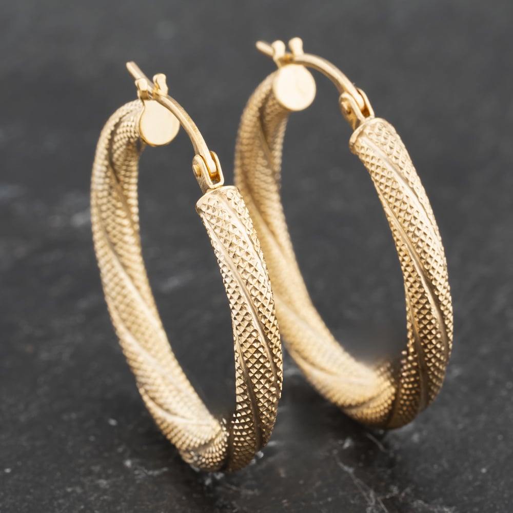 Click to view product details and reviews for Pre Owned Yellow Gold 25mm Frosted Twist Pattern Hoop Earrings 41173492. Click to view product details and reviews for Pre Owned Yellow Gold 25mm Frosted Twist Pattern Hoop Earrings 41173492.