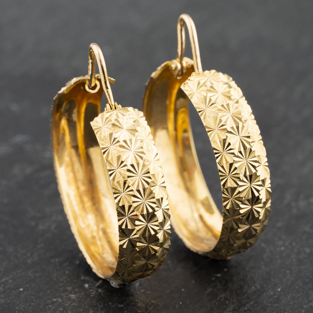 Click to view product details and reviews for Pre Owned 9ct Yellow Gold 27mm Diamond Cut Pattern Hoop Earrings 41173509.