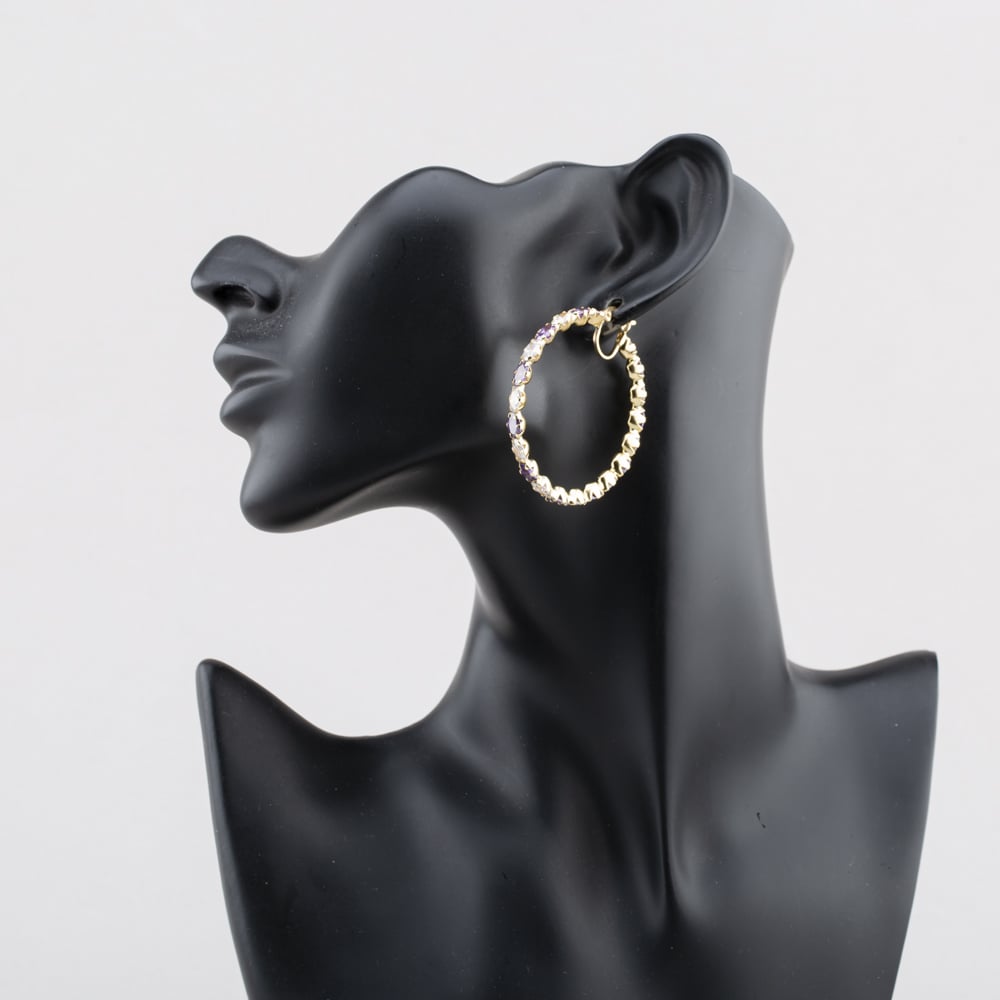 Pre-Owned 9ct Yellow Gold Amethyst & Cubic Zirconia Set 49mm Hoop Earrings 41174600