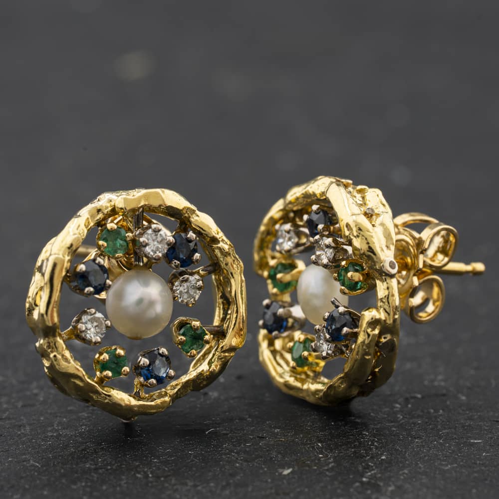 Pre-Owned 18ct Yellow Gold Multi Stone &amp; Cultured Pearl 15mm Stud Earrings 41174703