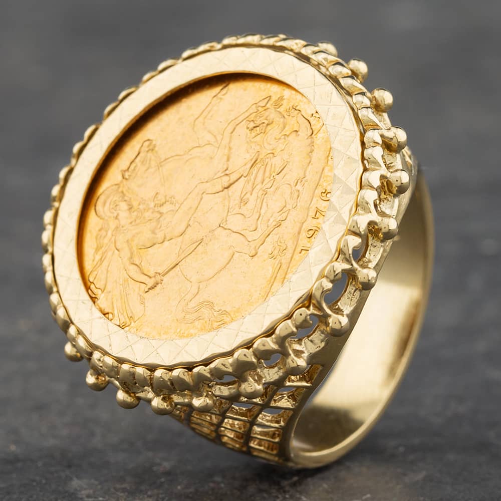 Product photograph of Pre-owned 9ct Yellow Gold 1976 Full Sovereign Coin Ring 41201102bnd from The Jewel Hut