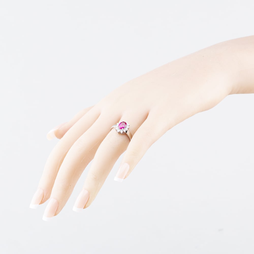 Pre-Owned Sterling Silver Pink Synthetic Ruby & White Cubic Zirconia Oval Cluster Ring 41251698