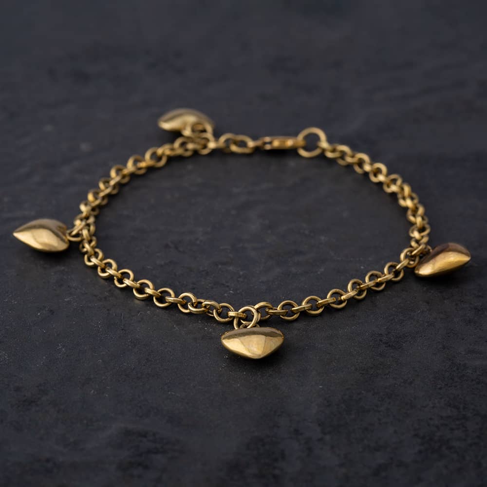 Product photograph of Pre-owned 14ct Yellow Gold Heart Droppers 7 Inch Trace Chain Bracelet 4128027 from The Jewel Hut