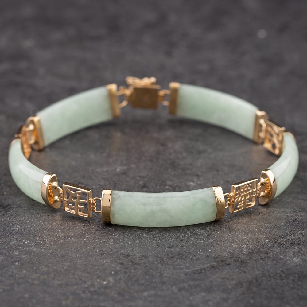 Pre-Owned 9ct Yellow Gold Jade Chinese Symbols 7.5 Inch Bracelet 41281139