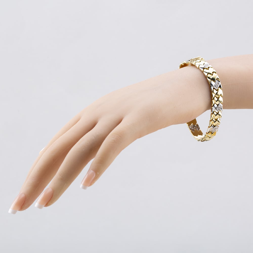 Pre-Owned 14ct Two Colour Gold Cubic Zirconia Set Woven Link 7.5 Inch Bracelet 41281450