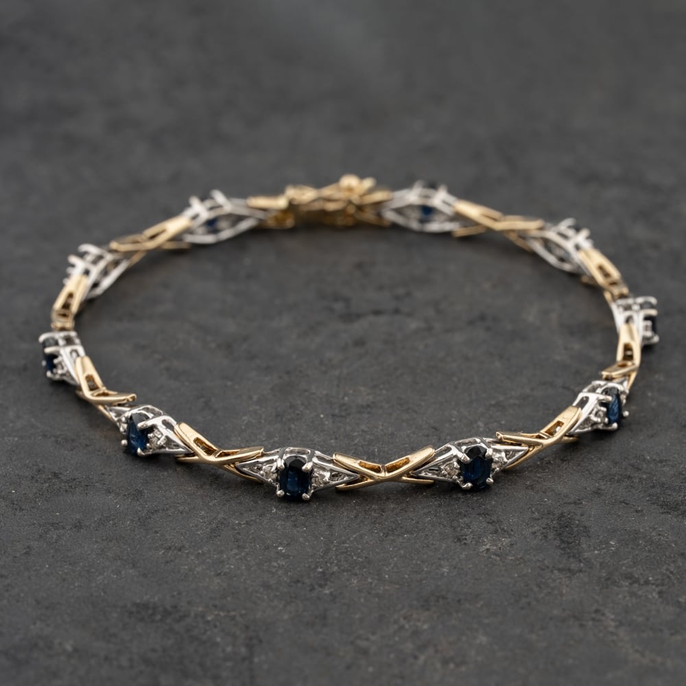 Pre-Owned 18ct Two Colour Gold Sapphire &amp; 0.33ct Diamond Set 7.5 Inch Bracelet 41281585