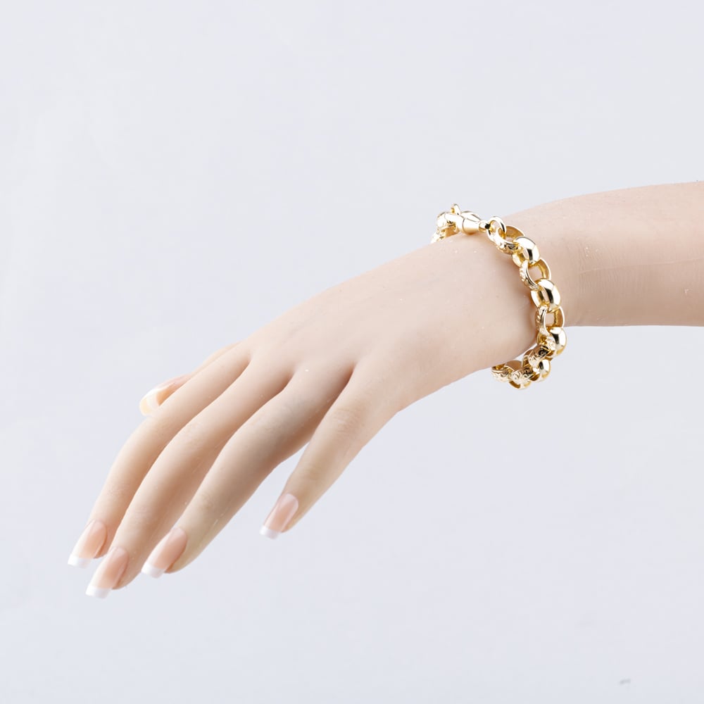 Pre-Owned 9ct Yellow Gold Polished And Foliate Engraved Oval Link 7.5 Inch Belcher Chain Bracelet 41281740