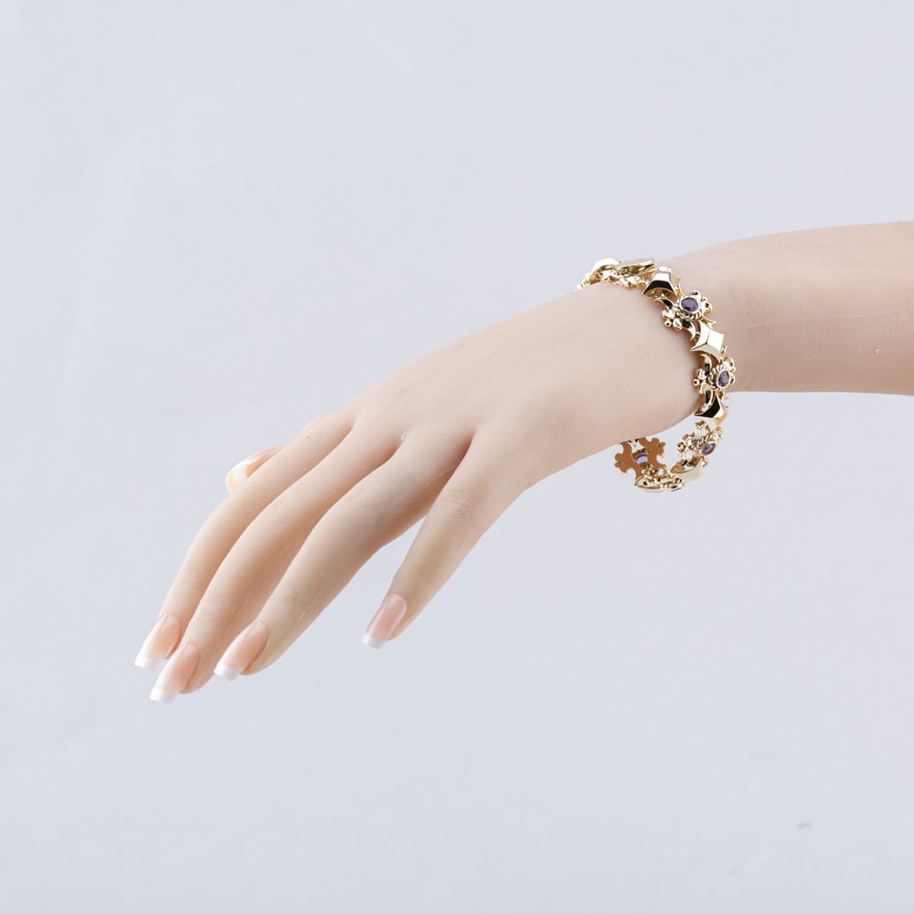 Pre-Owned 9ct Yellow Gold Amethyst Set 7.5 Inch Fancy Chain Bracelet 41281751