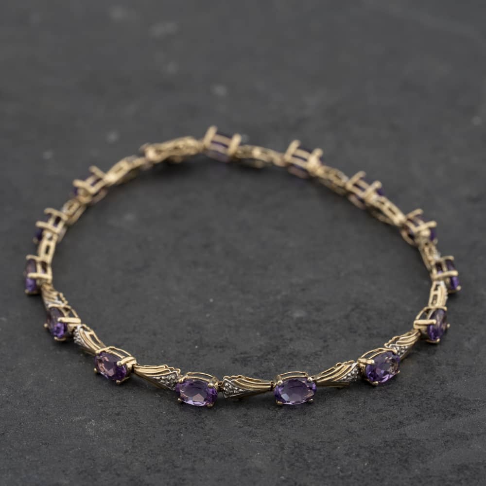 Pre-Owned 9ct Two Colour Gold Amethyst &amp; 0.07ct Diamond Set 7.5 Inch Bracelet 41282011