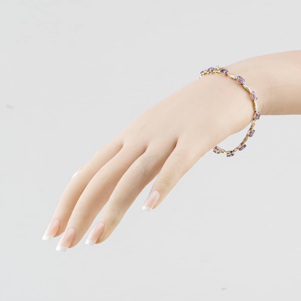 Pre-Owned 9ct Two Colour Gold Amethyst & 0.07ct Diamond Set 7.5 Inch Bracelet 41282011