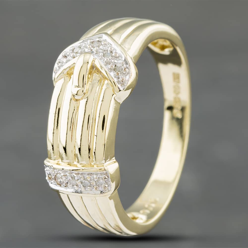 Product photograph of Pre-owned 9ct Yellow Gold Open Work Diamond Set Buckle Ring 41341429 from The Jewel Hut