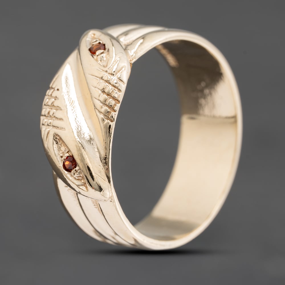 Pre-Owned 9ct Yellow Gold Garnet Snake Signet Ring 41341857