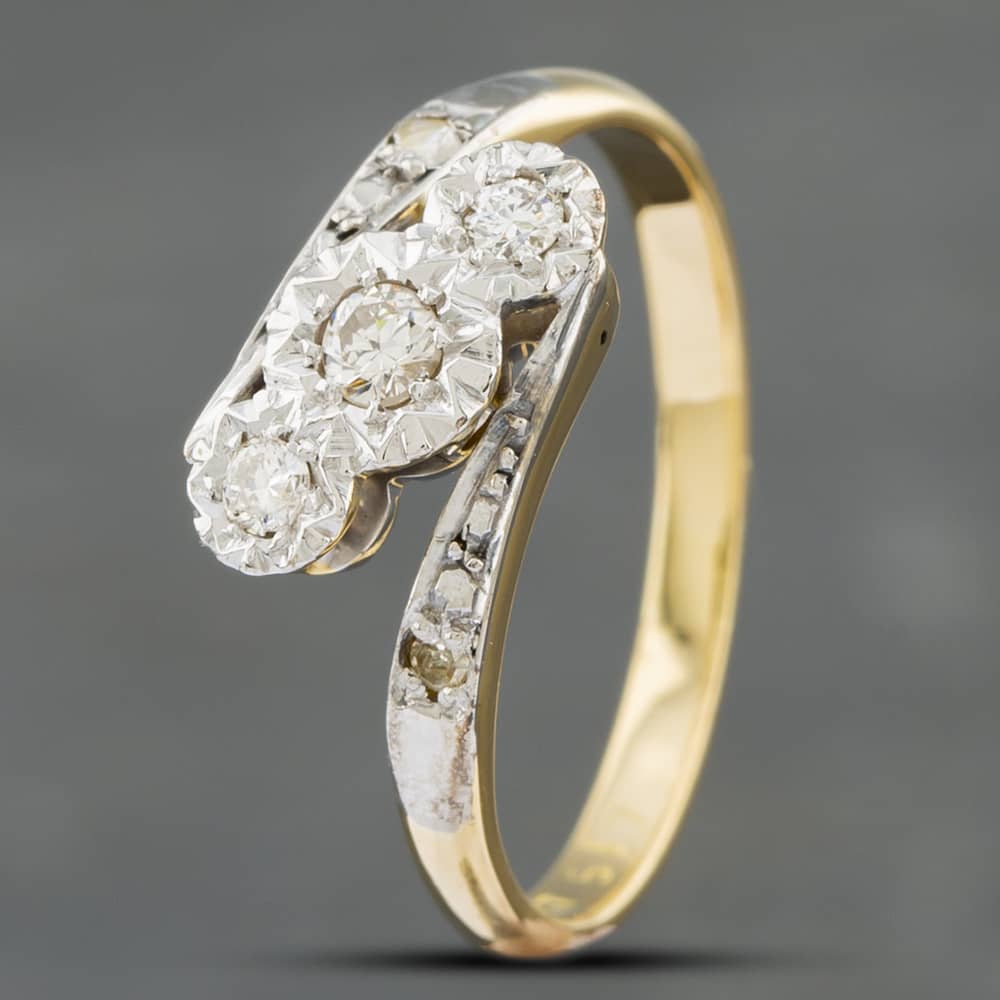 Product photograph of Pre-owned 18ct Yellow Gold Diamond Three Stone Crossover Ring 41381909 from The Jewel Hut