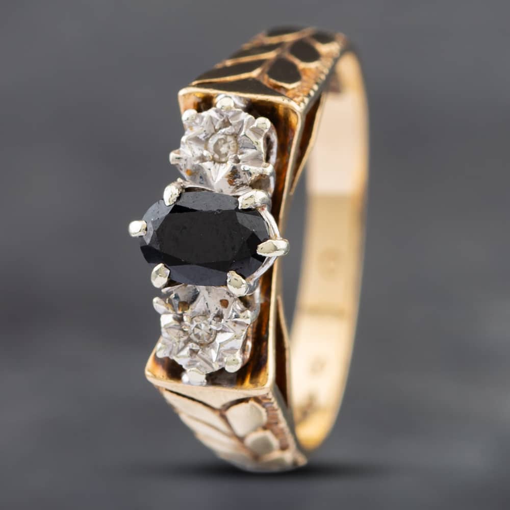 Product photograph of Pre-owned 9ct Yellow Gold Oval Cut Sapphire Amp Diamond Three Stone Ring 41382143 from The Jewel Hut