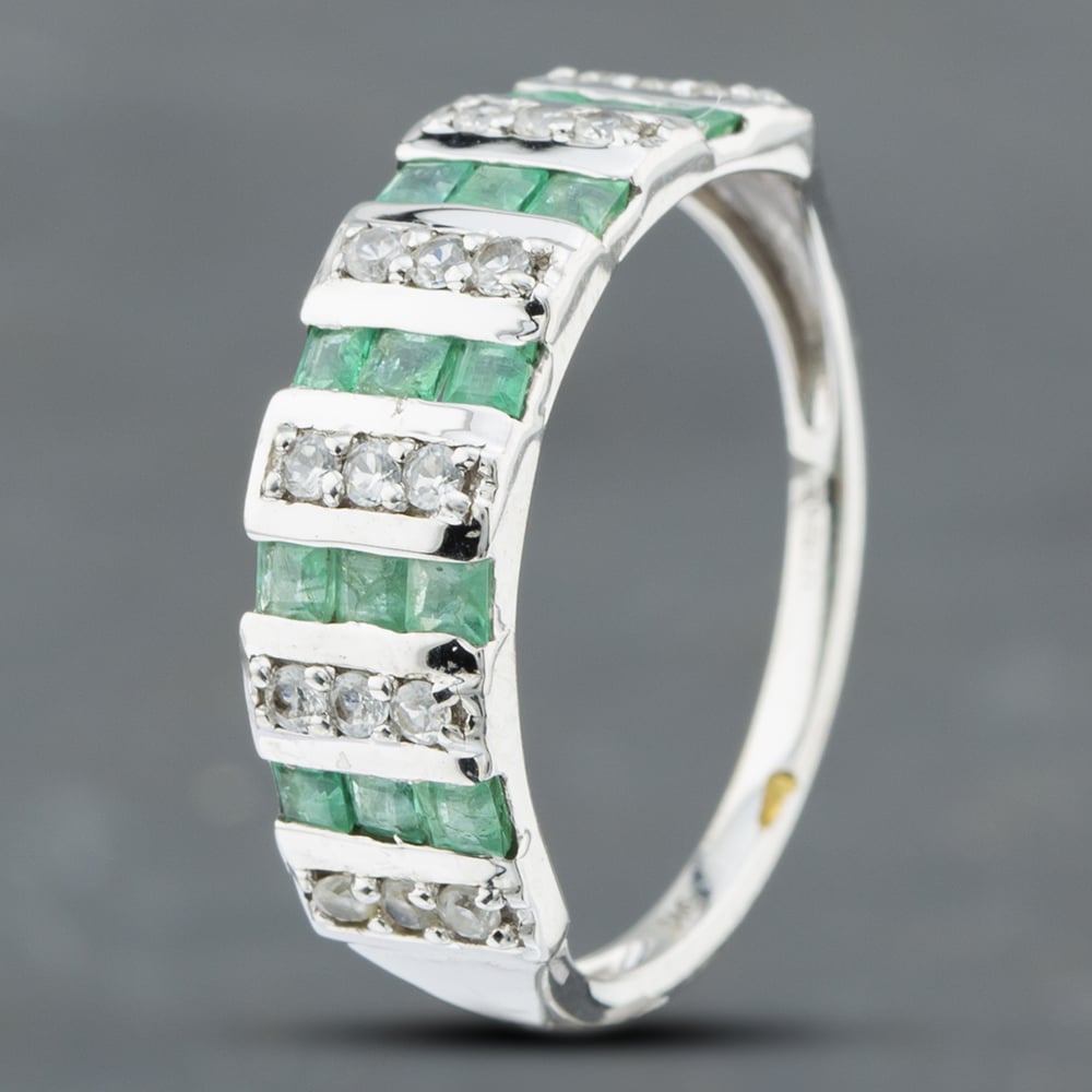 Product photograph of Pre-owned 9ct White Gold Emerald Amp Brilliant Cut Diamond Three Row Band Ring 41382270 from The Jewel Hut