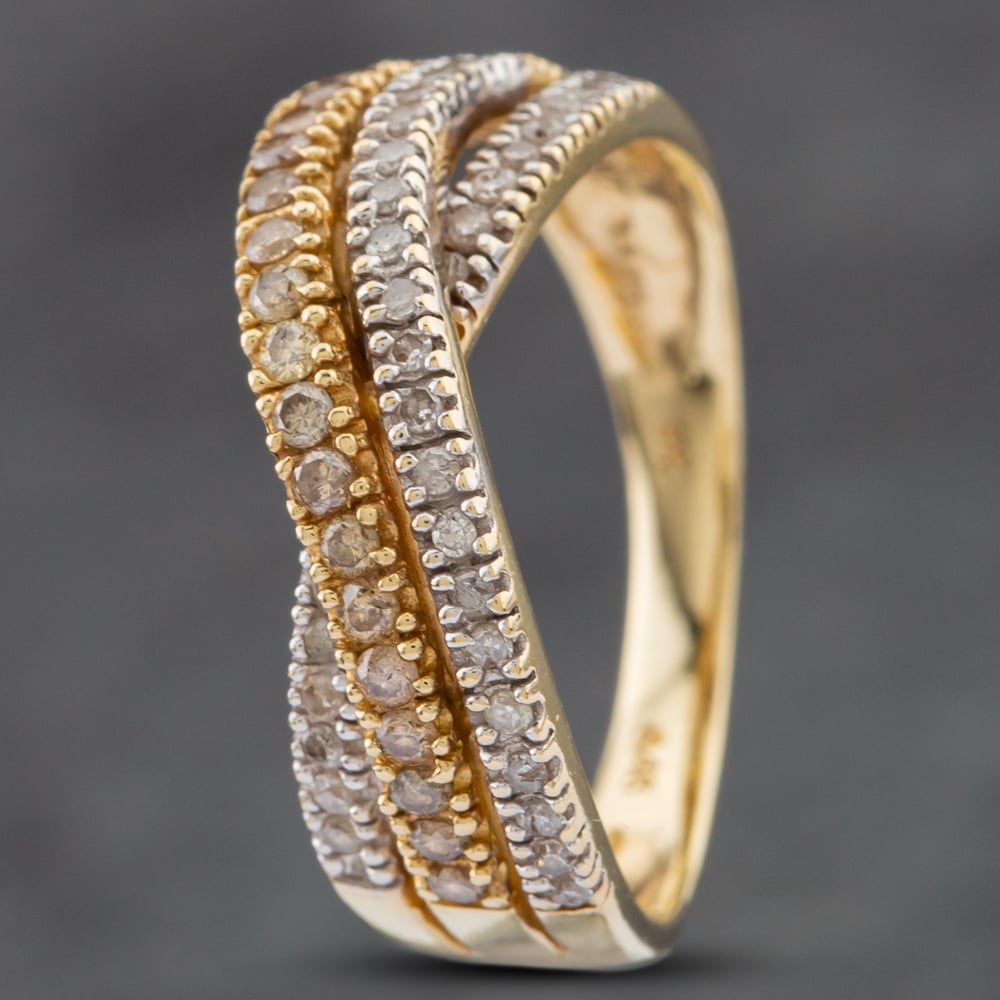 Product photograph of Pre-owned 9ct Two Colour Gold 0 46ct Brilliant Cut Diamond Three Row Crossover Ring 41382281 from The Jewel Hut