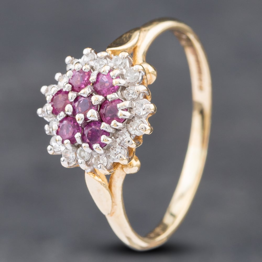 Product photograph of Pre-owned 9ct Yellow Gold Ruby Amp Diamond Cluster Ring 41382308 from The Jewel Hut