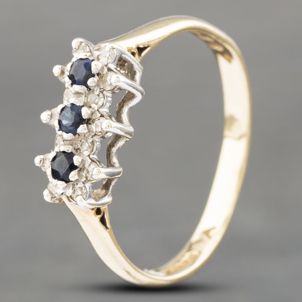 Product photograph of Pre-owned 9ct Yellow Gold Sapphire Amp Diamond Triple Cluster Ring 41382419 from The Jewel Hut
