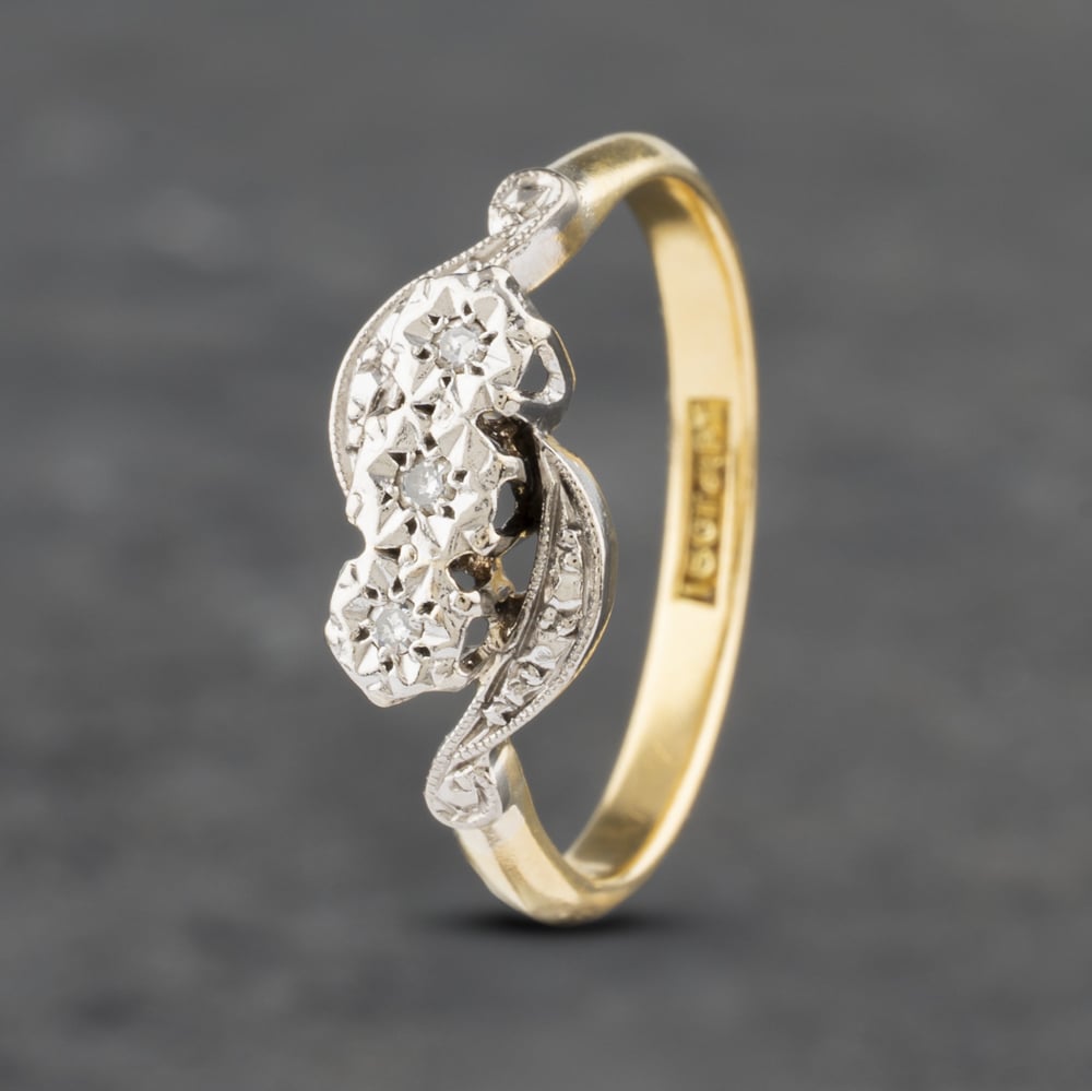 Pre-Owned Vintage Yellow Gold 0.03ct Brilliant Cut Diamond Twist Three Stone Ring 41382813