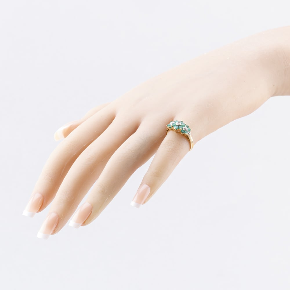 Pre-Owned 9ct Yellow Gold Emerald & Diamond Triple Cluster Ring 41383145