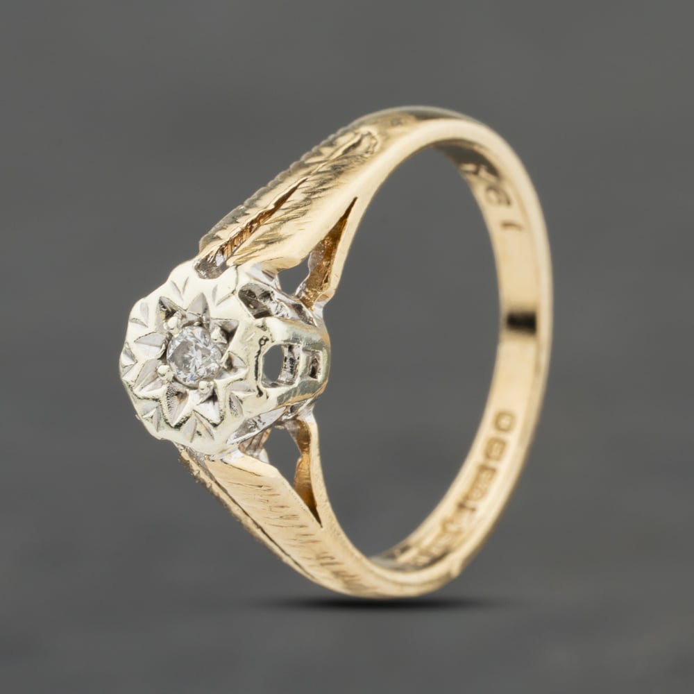 Click to view product details and reviews for Pre Owned Vintage 9ct Yellow Gold 003ct Brilliant Cut Diamond Spilt Shoulders Solitaire Ring 41383988.