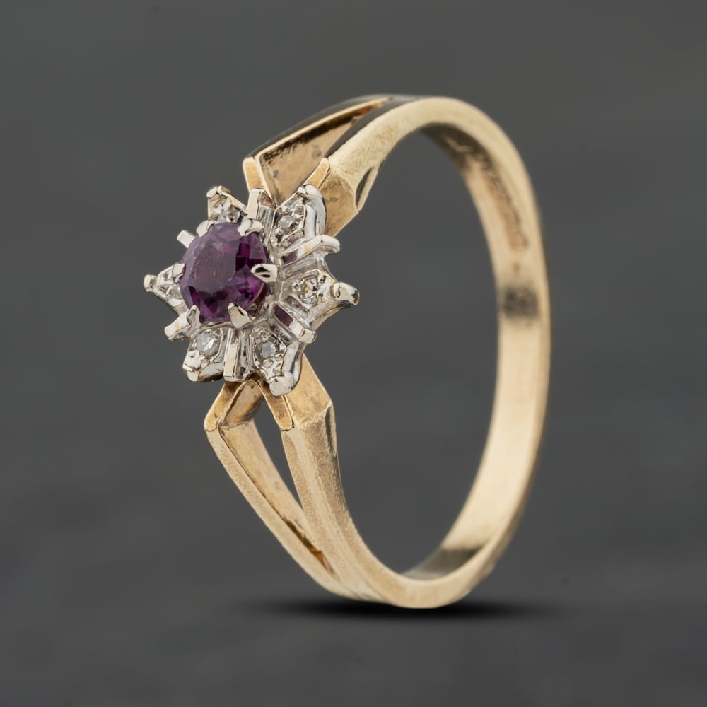 Click to view product details and reviews for Pre Owned 9ct Yellow Gold Ruby And 004ct Diamond Flower Cluster Ring 41384002.
