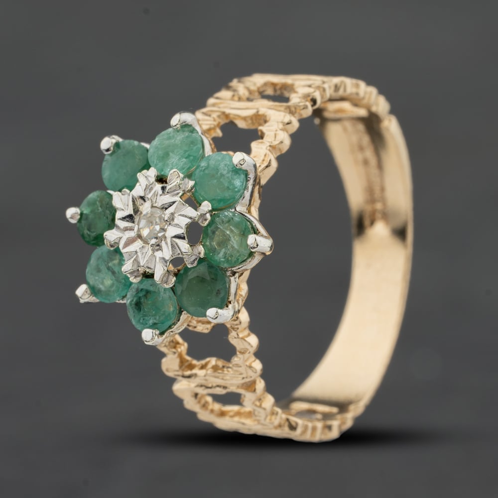 Click to view product details and reviews for Pre Owned Vintage 9ct Yellow Gold Emerald And 003ct Brilliant Cut Diamond Flower Cluster Ring 41384011. Click to view product details and reviews for Pre Owned Vintage 9ct Yellow Gold Emerald And 003ct Brilliant Cut Diamond Flower Cluster Ring 41384011.