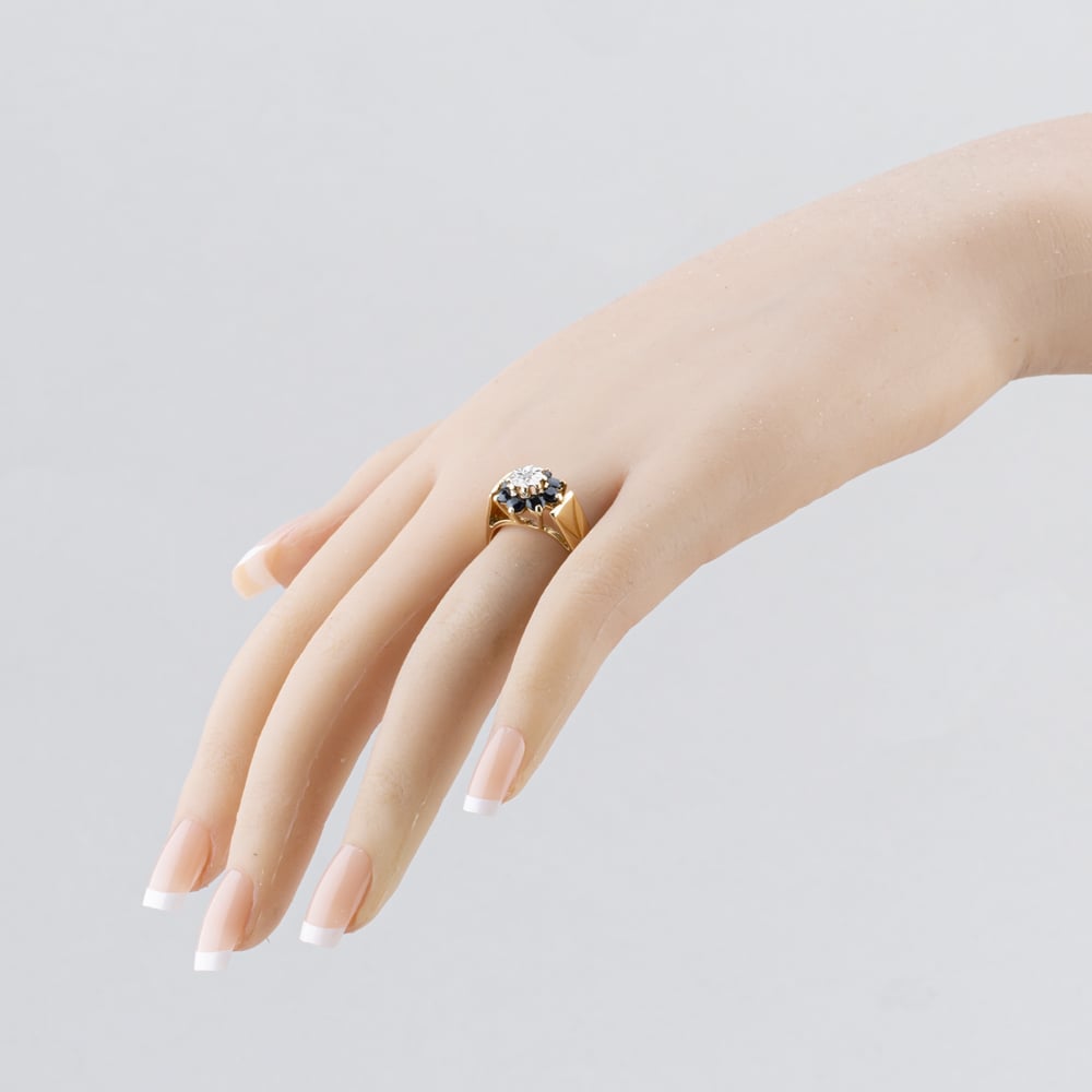 Pre-Owned 9ct Yellow Gold Sapphire & 0.01ct Diamond Engraved Shoulders Cluster Ring 41384062