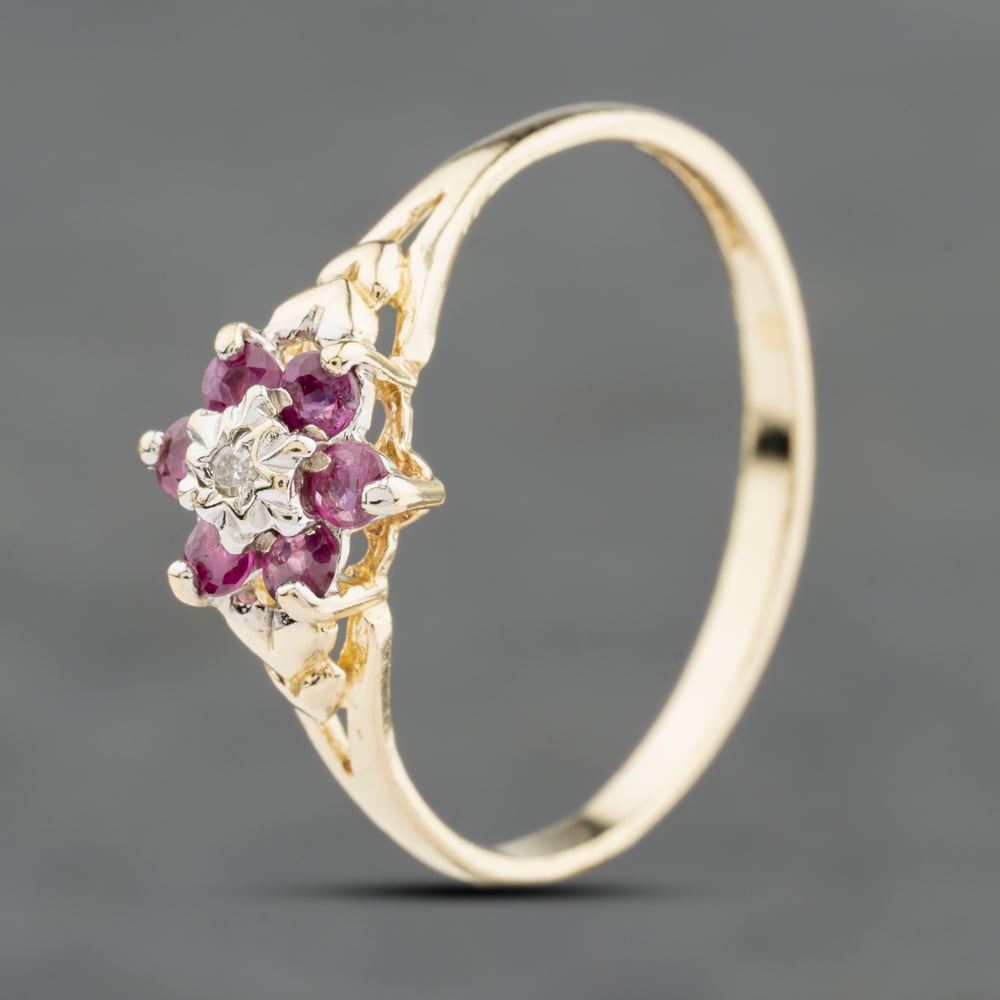 Click to view product details and reviews for Pre Owned 9ct Yellow Gold Ruby And 001ct Diamond Flower Cluster Ring 41384130. Click to view product details and reviews for Pre Owned 9ct Yellow Gold Ruby And 001ct Diamond Flower Cluster Ring 41384130.