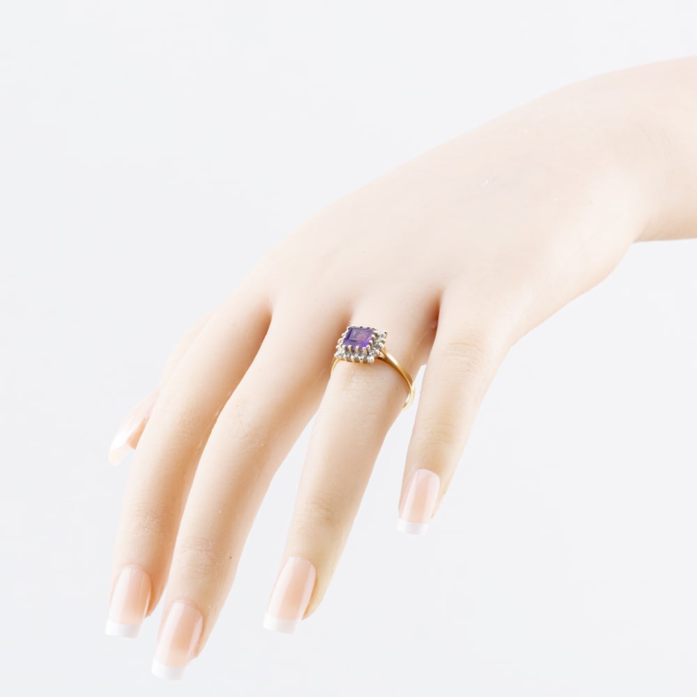 Pre-Owned 9ct Yellow Gold Amethyst & 0.24ct Diamond Square Cluster Ring 41384548