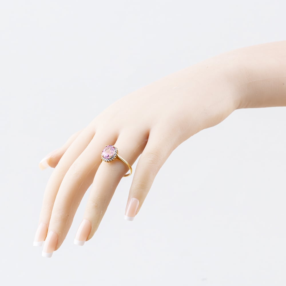 Pre-Owned 9ct Yellow Gold Colour Treated Pink Topaz & 0.02ct Diamond Oval Cluster Ring 41384579