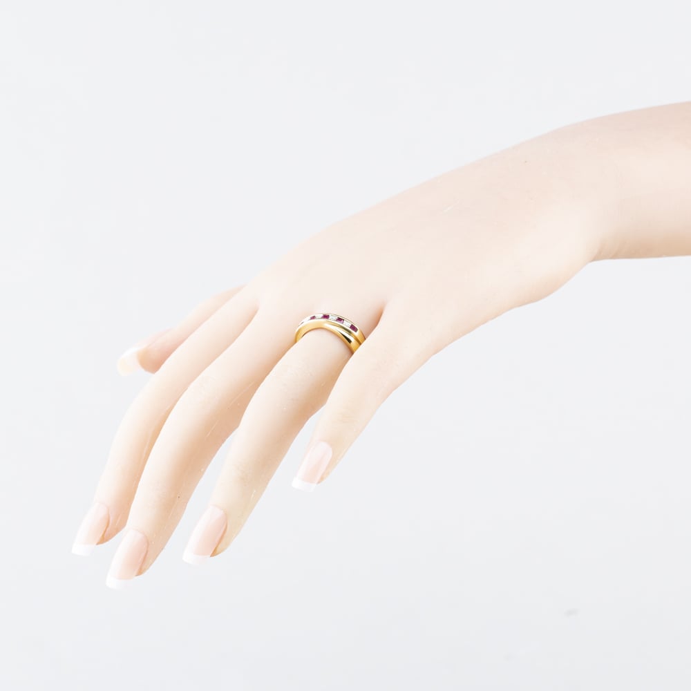 Pre-Owned 9ct Yellow Gold Ruby & 0.02ct Diamond Crossover Half Eternity Ring 41384680