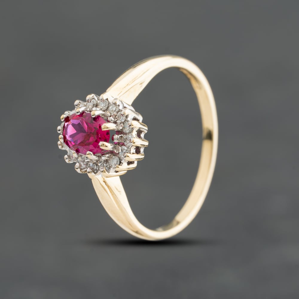 Pre-Owned 9ct Yellow Gold Diamond &amp; Synthetic Ruby Cluster Ring 41384768