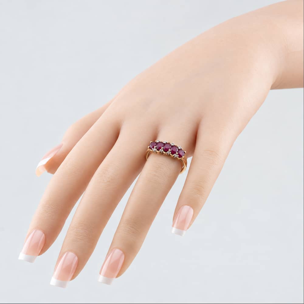 Pre-Owned 9ct Yellow Gold Ruby & 0.05ct Diamond 3 Row Cluster Ring 41384877