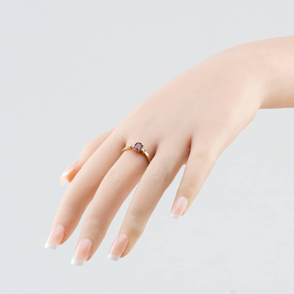 Pre-Owned 9ct Yellow Gold Glass Filled Ruby & 0.10ct Brilliant Cut Diamond Three Stone Ring 41384884