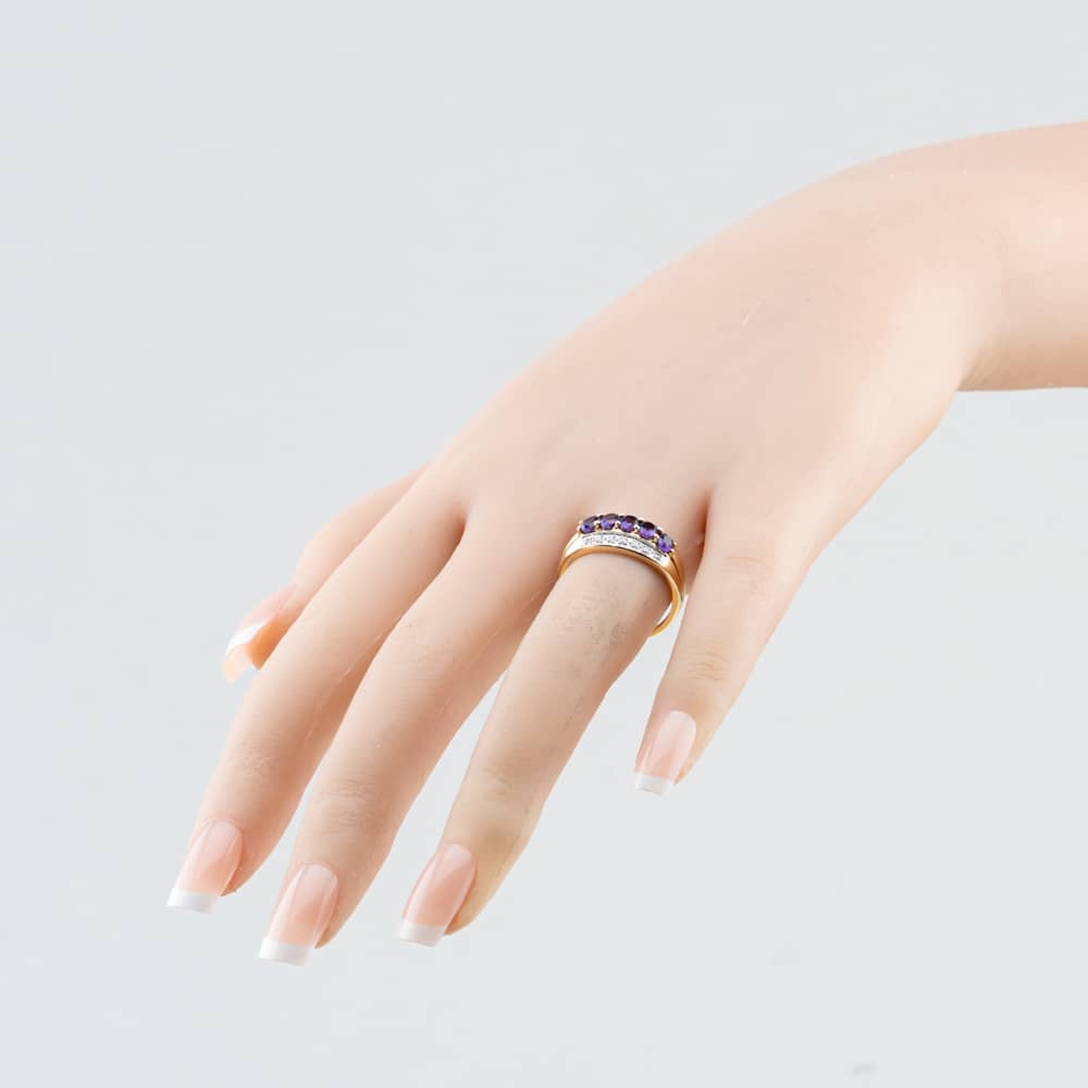 Pre-Owned 9ct Yellow Gold Amethyst & 0.07ct Diamond Three Row Ring 41384889