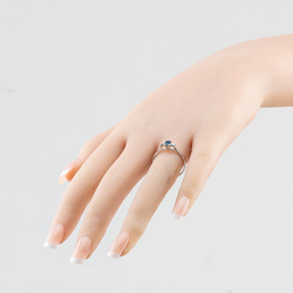 Pre-Owned 9ct White Gold Sapphire & 0.10ct Baguette Cut Diamond Three Stone Ring 41384898