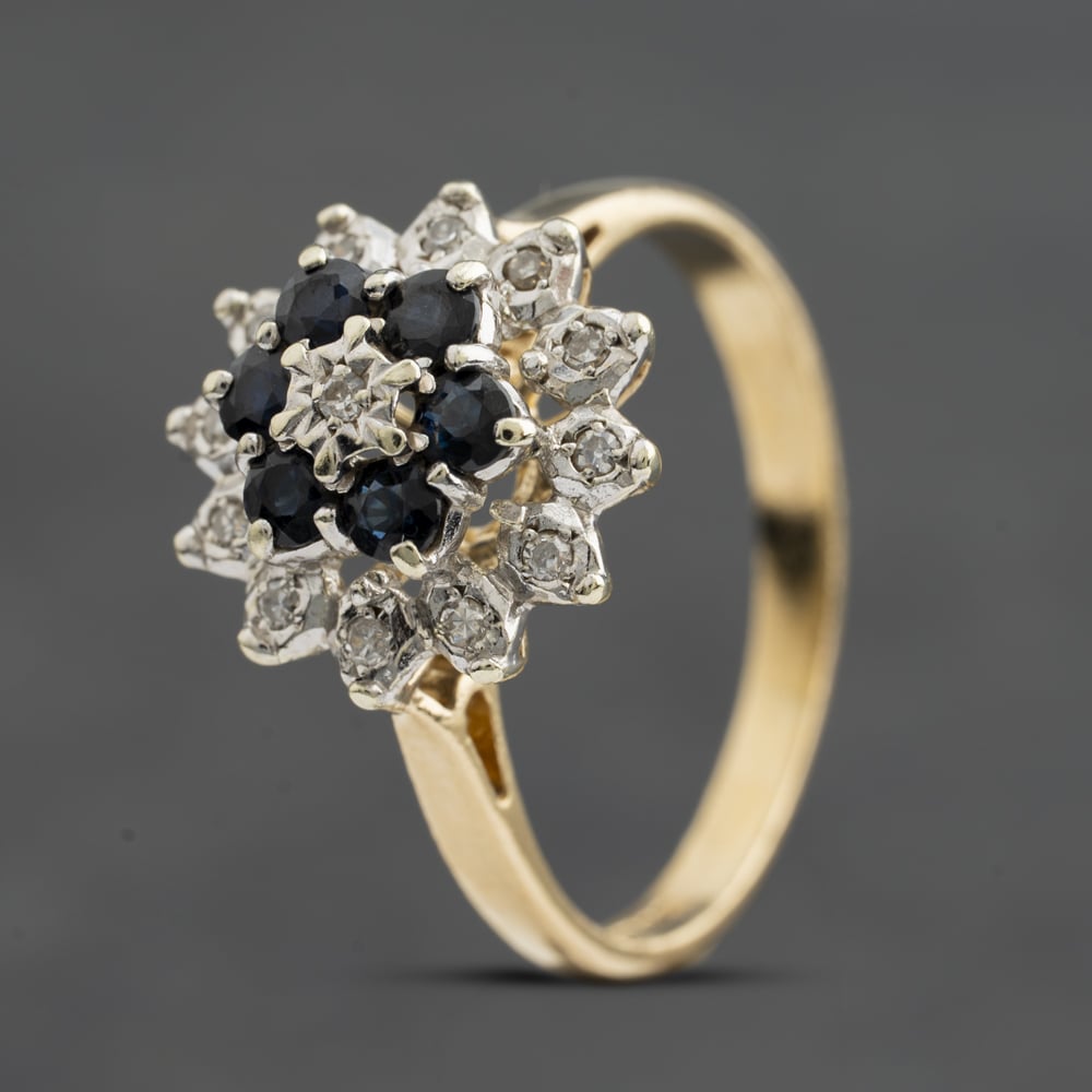 Pre-Owned 9ct Yellow Gold Sapphire &amp; 0.06ct Diamond Flower Cluster Ring 41384969